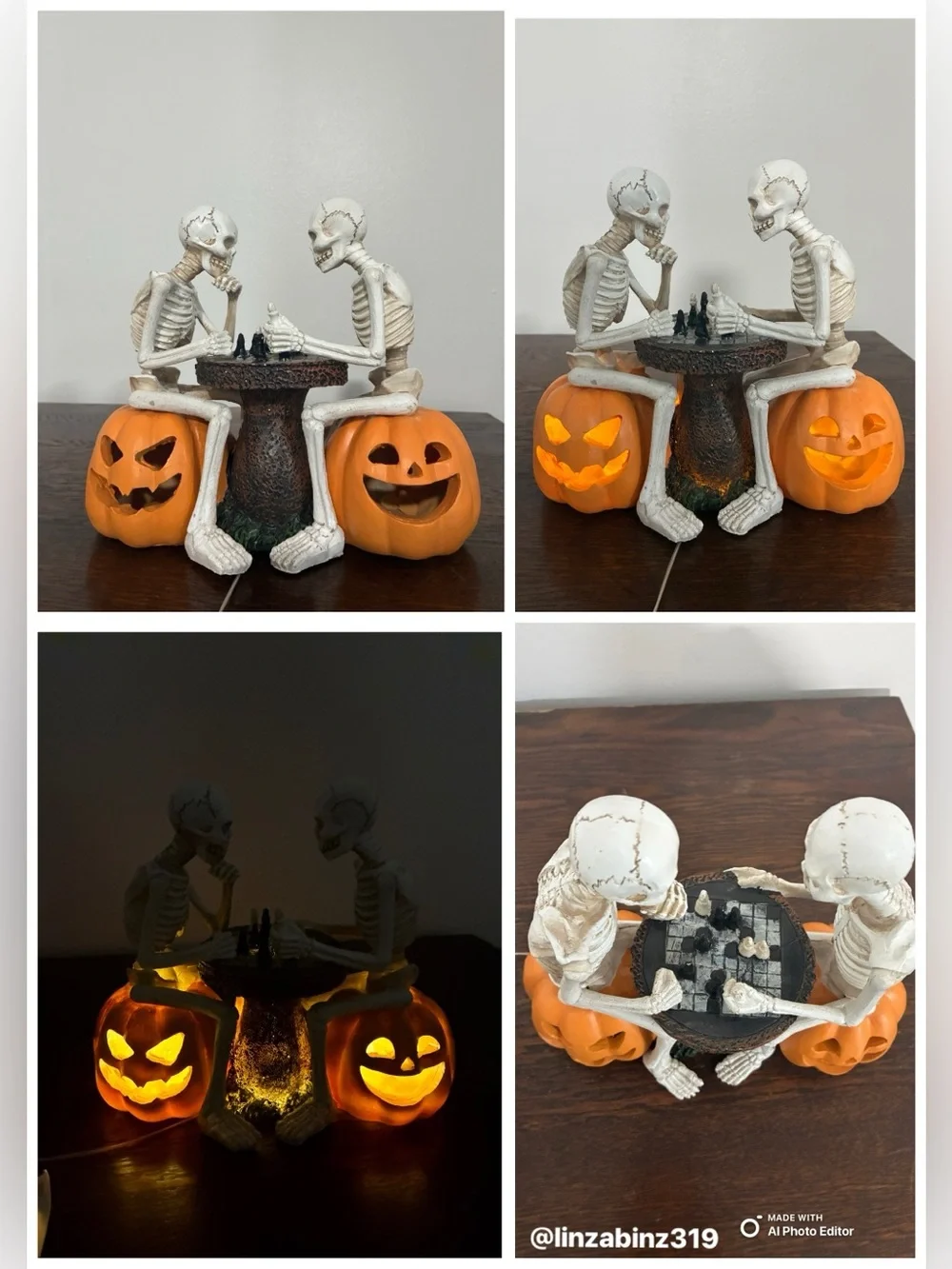 NWT- 2 Skeletons Playing Chess on LED Light Up Jack-o-lantern Pumpkin Seats